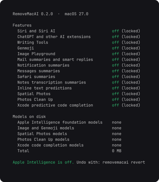 Убираем Apple Intelligence из MacOS 27 Golden Gate с помощью RemoveMacAI