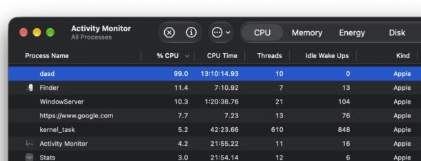 Как починить dasd, который жрёт 100% CPU на MacOS 27